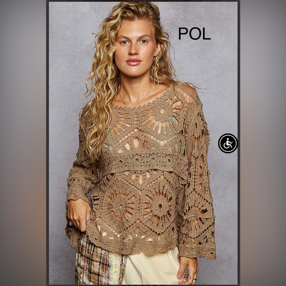 BP218-7🤎POL pretty Brown/olive Crochet Sweater w/crew neck+slight cropped fit🤎